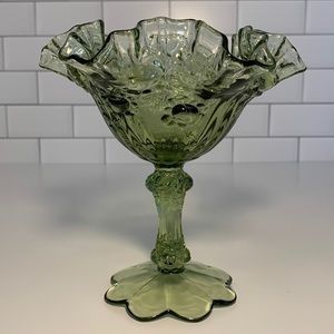 Vintage Fenton green cabbage rose compote candy dish. 6.25”tall x 6.25”wide. EUC